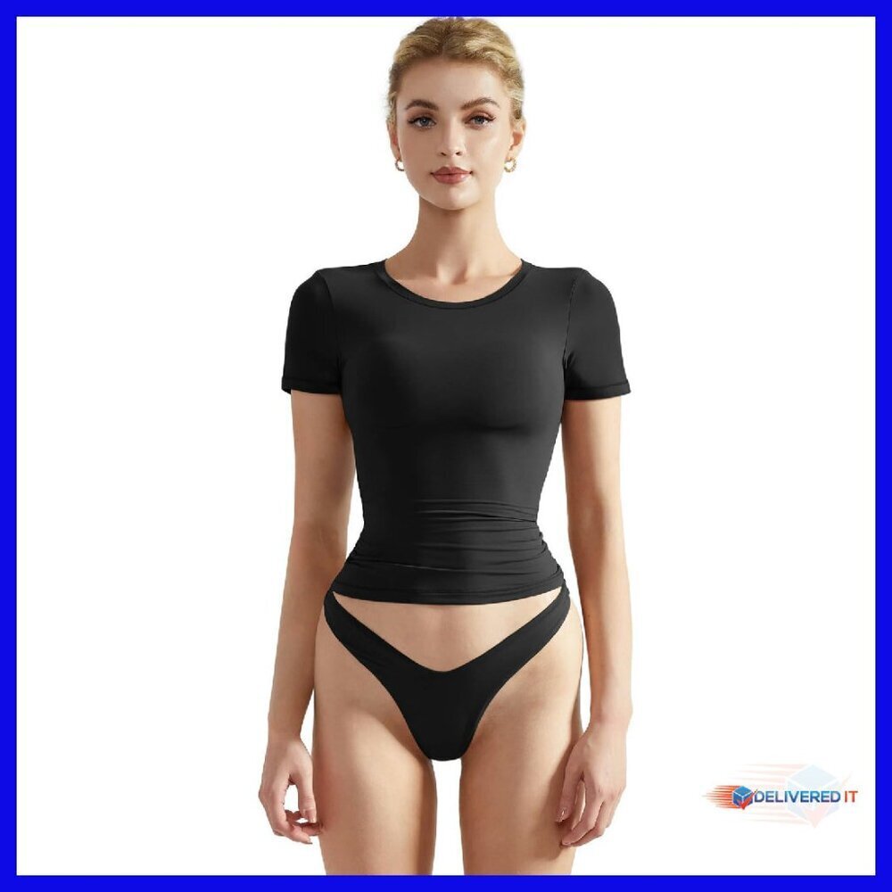 Double Lined Fitted Crop Top Slimming Y2K Tee Crew Neck